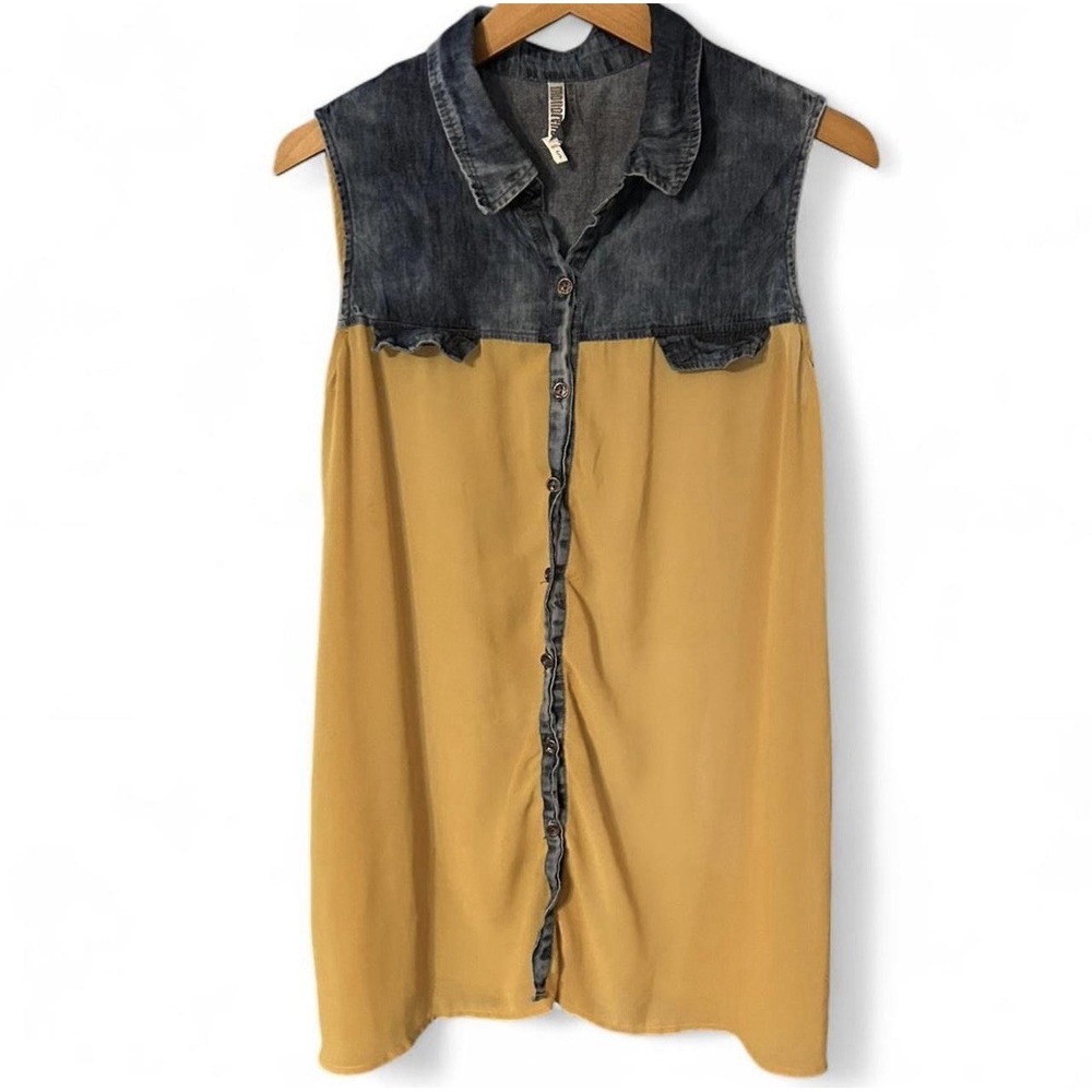 Monoreno Women's Small Sleeveless Denim & Yellow Button-Up Blouse Boho Western